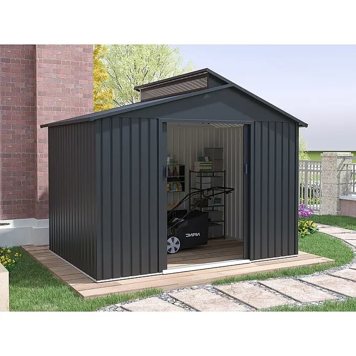 StarLine Metall Gerätehaus Viva 5,44 m² - Außenbreite inkl. Dachüberstand: 282 cm, Außentiefe inkl. Dachüberstand: 193 cm, Metall, Anthrazit - Dunkelgraues Metall-Gartengerätehaus mit offener Schiebetür, Rasenmäher und Regalen, auf Holzsockel im Garten.