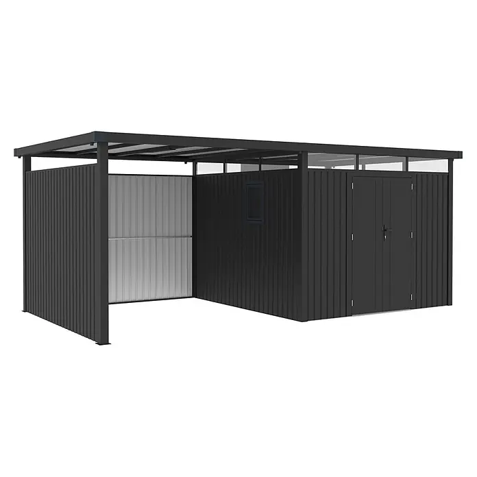StarLine Metall Gerätehaus Style 7,56 m² Spar-Set-2 Anthrazit - Außenbreite inkl. Dachüberstand: 560 cm, Außentiefe inkl. Dachüberstand: 294 cm, Metall, Anthrazit - Dunkelgraues Metallgerätehaus mit integriertem Vordach, gerippter Oberfläche, Tür und kleinem Fenster.