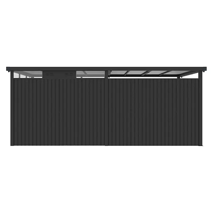 StarLine Metall Gerätehaus Style 7,56 m² Spar-Set-2 Anthrazit - Außenbreite inkl. Dachüberstand: 560 cm, Außentiefe inkl. Dachüberstand: 294 cm, Metall, Anthrazit - Anthrazitfarbener Metall-Sichtschutz mit vertikalen Paneelen und Flachdach.