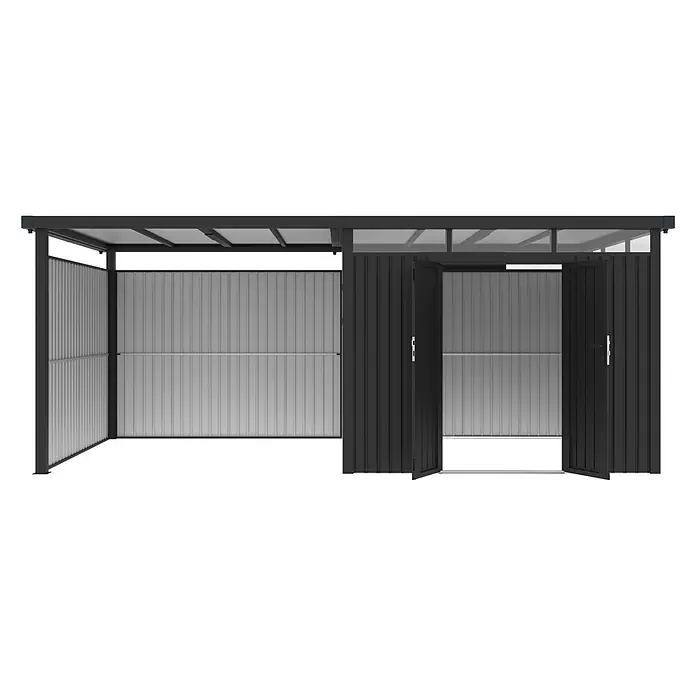 StarLine Metall Gerätehaus Style 7,56 m² Spar-Set-2 Anthrazit - Außenbreite inkl. Dachüberstand: 560 cm, Außentiefe inkl. Dachüberstand: 294 cm, Metall, Anthrazit - Schwarz-silberner Wellblechschuppen mit geöffneten Türen und offener Überdachung.