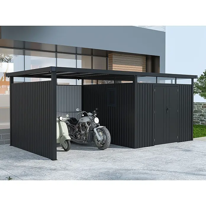 StarLine Metall Gerätehaus Style 7,56 m² Spar-Set-2 Anthrazit - Außenbreite inkl. Dachüberstand: 560 cm, Außentiefe inkl. Dachüberstand: 294 cm, Metall, Anthrazit - Dunkelgraue Metallüberdachung und Schuppen, die ein silbernes Motorrad und einen hellen Roller schützen.