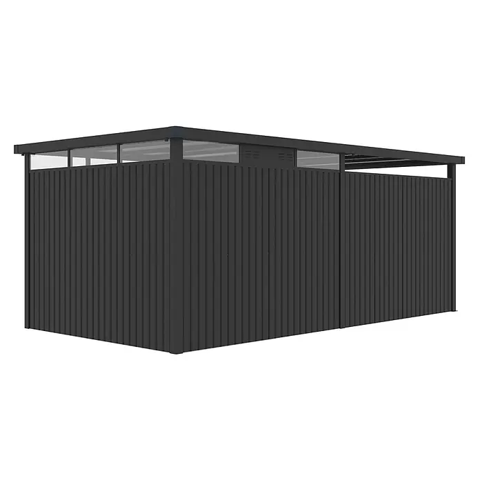 StarLine Metall Gerätehaus Style 7,56 m² Spar-Set-2 Anthrazit - Außenbreite inkl. Dachüberstand: 560 cm, Außentiefe inkl. Dachüberstand: 294 cm, Metall, Anthrazit - Anthrazitfarbener Metall-Gartenschuppen mit vertikalen Paneelen und transluzenten oberen Fenstern.