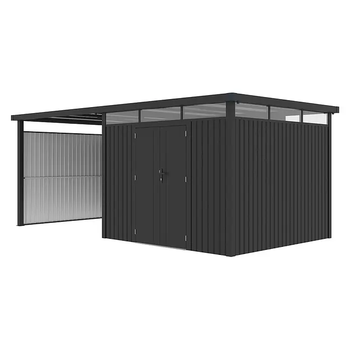 StarLine Metall Gerätehaus Style 7,56 m² Spar-Set-2 Anthrazit - Außenbreite inkl. Dachüberstand: 560 cm, Außentiefe inkl. Dachüberstand: 294 cm, Metall, Anthrazit - Dunkelgraues Metall-Gerätehaus mit Doppeltüren, transparentem Dach und integriertem Seitenunterstand.