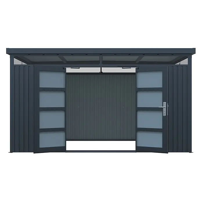StarLine Metall Gerätehaus Solidum 11,4 m² - Außenbreite inkl. Dachüberstand: 394 cm, Außentiefe inkl. Dachüberstand: 314 cm, Metall, Anthrazit RAL 7016 - Dunkelgrauer Geräteschuppen mit Doppeltüren und durchsichtigen Paneelen, Türen öffnen den Blick ins Innere.