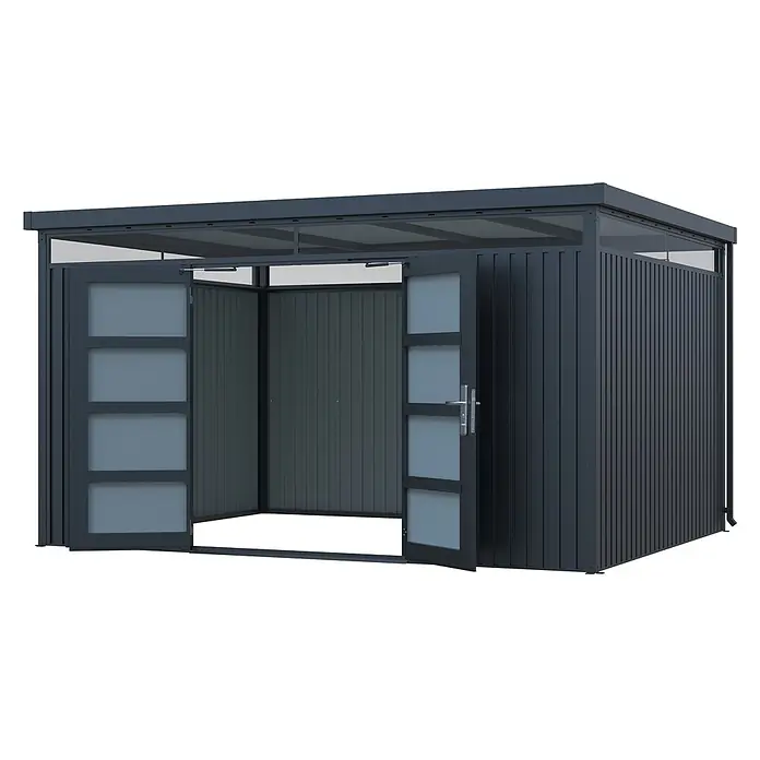 StarLine Metall Gerätehaus Solidum 11,4 m² - Außenbreite inkl. Dachüberstand: 394 cm, Außentiefe inkl. Dachüberstand: 314 cm, Metall, Anthrazit RAL 7016 - Dunkelgraues Metall-Gartenhaus mit offenen Doppeltüren, Milchglasfenstern und Lamellendach.