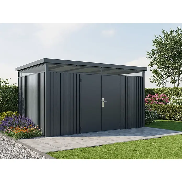 StarLine Metall Gerätehaus Solidum 11,4 m² - Außenbreite inkl. Dachüberstand: 394 cm, Außentiefe inkl. Dachüberstand: 314 cm, Metall, Anthrazit RAL 7016 - Dunkelgrauer moderner Gartenschuppen mit transparenten Oberpaneelen, auf einer Terrasse im Garten.