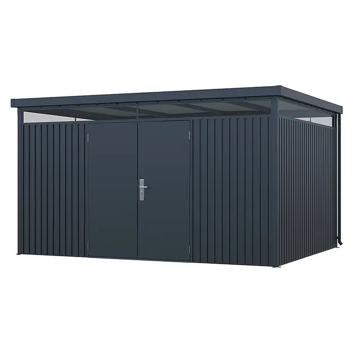StarLine Metall Gerätehaus Solidum 11,4 m² - Außenbreite inkl. Dachüberstand: 394 cm, Außentiefe inkl. Dachüberstand: 314 cm, Metall, Anthrazit RAL 7016 - Dunkelgrauer Metall-Geräteschuppen mit Doppeltüren, transparenten oberen Paneelen und Wellblechdach.