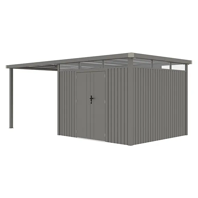StarLine Metall Gerätehaus Style 7,56 m² Spar-Set-1 Alu Grau - Außenbreite inkl. Dachüberstand: 560 cm, Außentiefe inkl. Dachüberstand: 294 cm, Metall, Aluminium Grau (RAL 9007) - Grauer Metallschuppen mit Doppeltüren und angebautem Carport. Mit transparenten Dachpaneelen und gerippten Wänden.