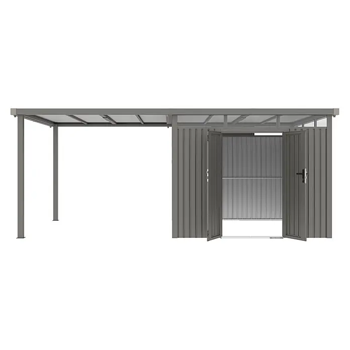 StarLine Metall Gerätehaus Style 7,56 m² Spar-Set-1 Alu Grau - Außenbreite inkl. Dachüberstand: 560 cm, Außentiefe inkl. Dachüberstand: 294 cm, Metall, Aluminium Grau (RAL 9007) - Grauer Metall-Carport mit integriertem Abstellraum, ausgestattet mit Wellblechpaneelen und offenen Doppeltüren.