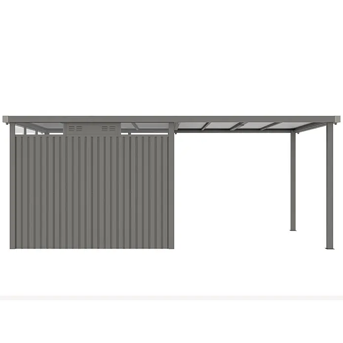 StarLine Metall Gerätehaus Style 7,56 m² Spar-Set-1 Alu Grau - Außenbreite inkl. Dachüberstand: 560 cm, Außentiefe inkl. Dachüberstand: 294 cm, Metall, Aluminium Grau (RAL 9007) - Grauer Metall-Geräteschuppen mit angebautem offenem Carport zum Schutz und zur Lagerung.
