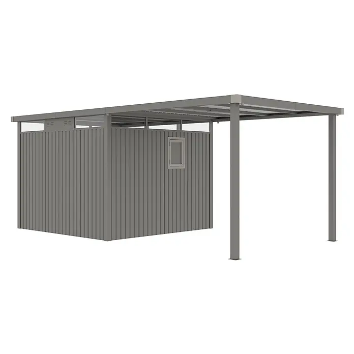 StarLine Metall Gerätehaus Style 7,56 m² Spar-Set-1 Alu Grau - Außenbreite inkl. Dachüberstand: 560 cm, Außentiefe inkl. Dachüberstand: 294 cm, Metall, Aluminium Grau (RAL 9007) - Grauer Metallschuppen mit vertikalen Paneelwänden, kleinem Fenster und integriertem Carport mit Flachdach.