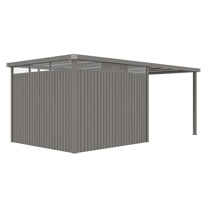 StarLine Metall Gerätehaus Style 7,56 m² Spar-Set-1 Alu Grau - Außenbreite inkl. Dachüberstand: 560 cm, Außentiefe inkl. Dachüberstand: 294 cm, Metall, Aluminium Grau (RAL 9007) - Grauer Metallunterstand mit gerippten Wänden, oberen Glaspaneelen und offener Überdachung.