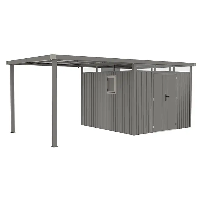 StarLine Metall Gerätehaus Style 7,56 m² Spar-Set-1 Alu Grau - Außenbreite inkl. Dachüberstand: 560 cm, Außentiefe inkl. Dachüberstand: 294 cm, Metall, Aluminium Grau (RAL 9007) - Grauer Metall-Carport mit integriertem Wellblechschuppen, Fenster und Doppeltüren.