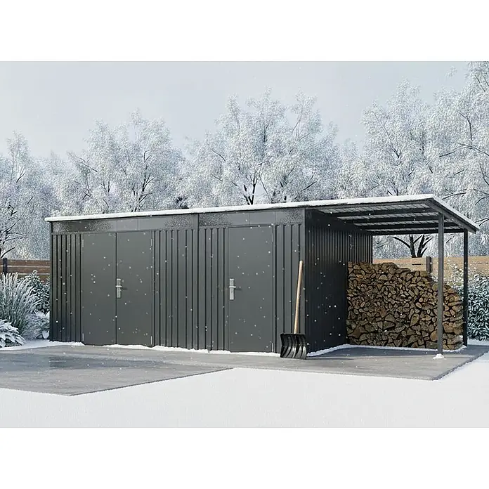 StarLine Metall Gerätehaus SU-PS1015TW + CP - Außenbreite inkl. Dachüberstand: 628 cm, Außentiefe inkl. Dachüberstand: 307 cm, Metall, Anthrazit - Dunkelgraues Metall-Gartenhaus mit integriertem Brennholzlager und Carport, in winterlicher Umgebung.