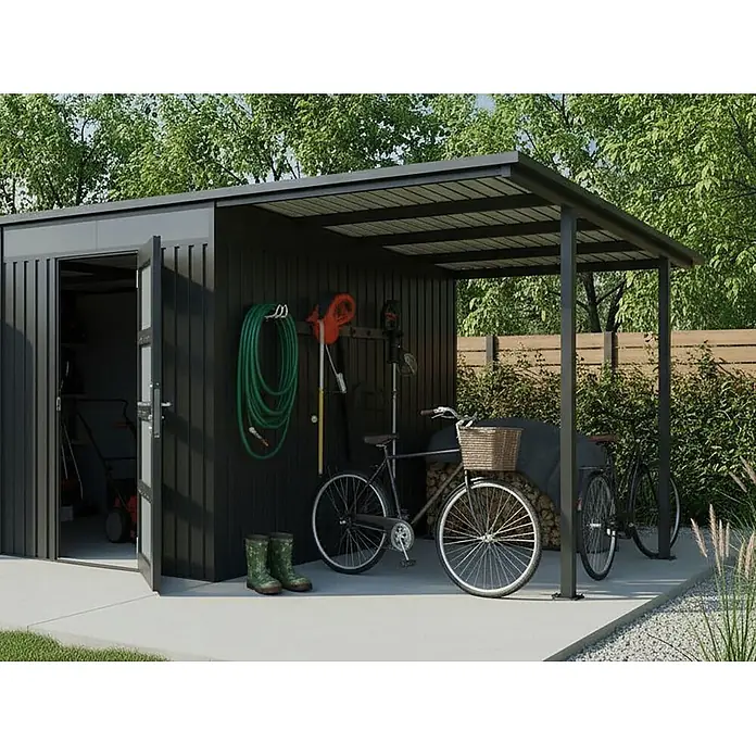 StarLine Metall Gerätehaus SU-PS1015TW + CP - Außenbreite inkl. Dachüberstand: 628 cm, Außentiefe inkl. Dachüberstand: 307 cm, Metall, Anthrazit - Dunkelgrauer Metall-Gartenschuppen mit offenem Carport, bietet vielseitigen Stauraum für Werkzeuge, Fahrräder und Brennholz.