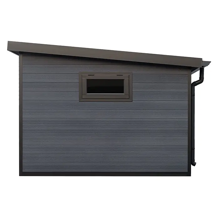 Fjordholz Gartenhaus Panorama 13,44 m² - Außenmaß inkl. Dachüberstand (B x T): 471 x 354 cm, Aluminium, Anthrazit/grau - Dunkelgraue Outdoor-Aufbewahrungsbox mit horizontaler Verkleidung, kleinem Fenster und schrägem Dach mit Regenrinne.