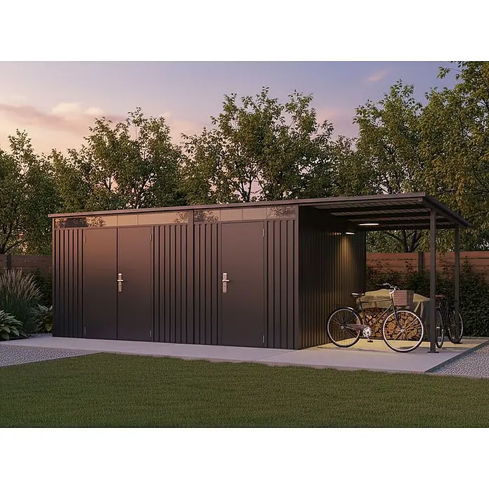StarLine Metall Gerätehaus SU-PS1015TW + CP - Außenbreite inkl. Dachüberstand: 628 cm, Außentiefe inkl. Dachüberstand: 307 cm, Metall, Anthrazit - Dunkler Gartenschuppen mit vertikal getäfelten Türen und integriertem Vordach, darunter Fahrräder und Brennholz.