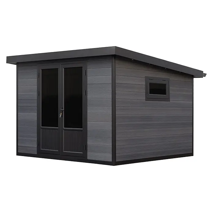 Fjordholz Gartenhaus Style DeLuxe 8,4 m² in moderner Holzoptik - Außenmaß inkl. Dachüberstand (B x T): 323,5 x 327 cm, Aluminium, Anthrazit/grau - Modernes dunkelgraues Verbundstoff-Gartenhaus mit schwarz gerahmten Doppelglastüren und einem kleinen Fenster.