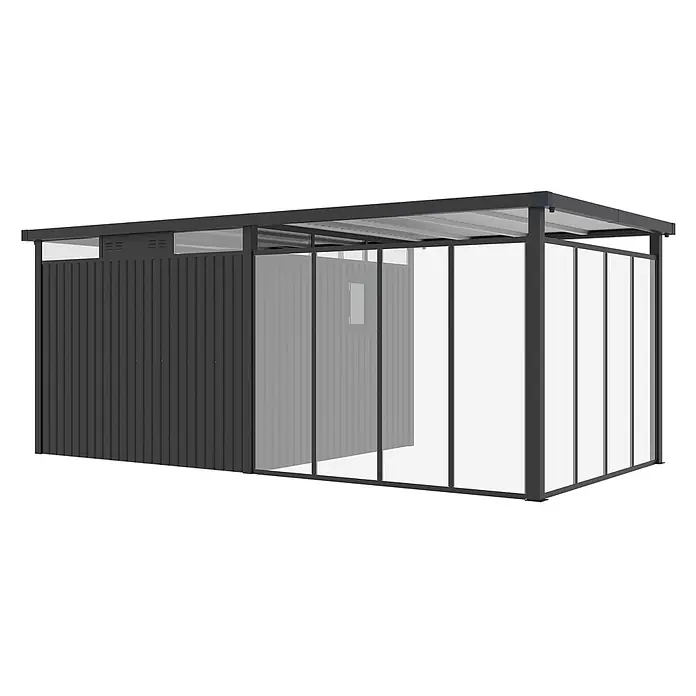 StarLine Metall Gerätehaus Style 7,56 m² Spar-Set-5 Anthrazit - Außenbreite inkl. Dachüberstand: 560 cm, Außentiefe inkl. Dachüberstand: 294 cm, Metall, Anthrazit - Anthrazitfarbener Metallschuppen mit Wellblech-Rückwand und durchscheinenden Paneelen. Ideal zur Gartenlagerung.