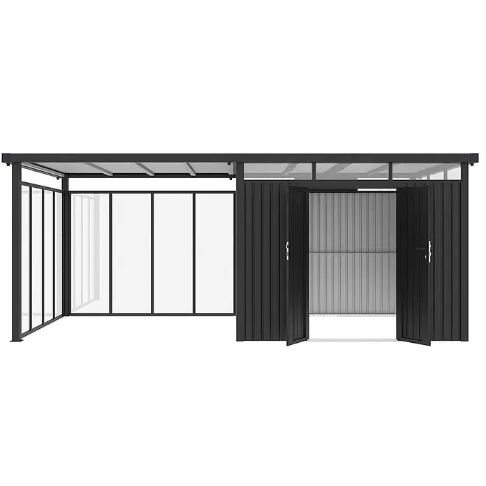 StarLine Metall Gerätehaus Style 7,56 m² Spar-Set-5 Anthrazit - Außenbreite inkl. Dachüberstand: 560 cm, Außentiefe inkl. Dachüberstand: 294 cm, Metall, Anthrazit - Schwarzer Metallcarport mit integriertem Geräteschuppen und transluzenten Seitenwänden, der Doppeltüren am Schuppen aufweist.