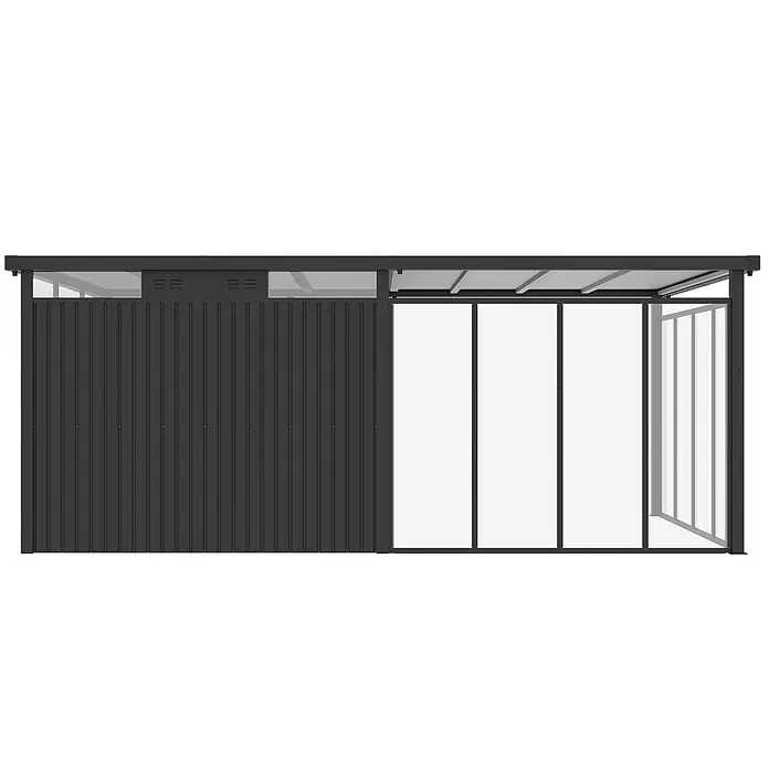 StarLine Metall Gerätehaus Style 7,56 m² Spar-Set-5 Anthrazit - Außenbreite inkl. Dachüberstand: 560 cm, Außentiefe inkl. Dachüberstand: 294 cm, Metall, Anthrazit - Dunkelgraues Metall- und lichtdurchlässiges Gartenhaus oder Abstellraum mit Flachdach.