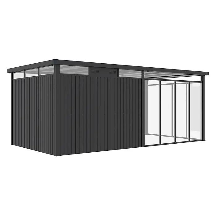 StarLine Metall Gerätehaus Style 7,56 m² Spar-Set-5 Anthrazit - Außenbreite inkl. Dachüberstand: 560 cm, Außentiefe inkl. Dachüberstand: 294 cm, Metall, Anthrazit - Anthrazitfarbenes Metall-Gartenhaus mit transparentem Polycarbonatdach und klarer Seitenwand für Lagerung oder als Gewächshaus.