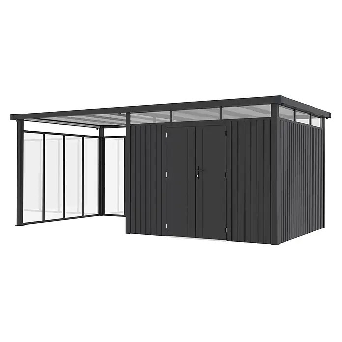 StarLine Metall Gerätehaus Style 7,56 m² Spar-Set-5 Anthrazit - Außenbreite inkl. Dachüberstand: 560 cm, Außentiefe inkl. Dachüberstand: 294 cm, Metall, Anthrazit - Anthrazitfarbenes Metall-Gartenhaus mit integriertem offenem Vordach und transparenten Seitenwänden.