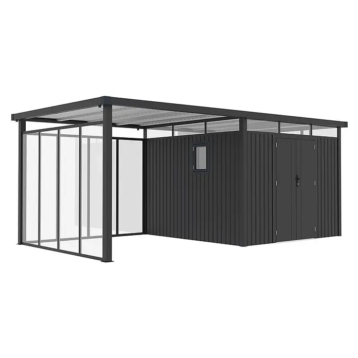 StarLine Metall Gerätehaus Style 7,56 m² Spar-Set-5 Anthrazit - Außenbreite inkl. Dachüberstand: 560 cm, Außentiefe inkl. Dachüberstand: 294 cm, Metall, Anthrazit - Dunkelgrauer Metallschuppen mit integriertem Vordach und transparenten Seiten. Verfügt über Doppeltüren und ein kleines Fenster.