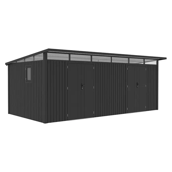 StarLine Metall Gerätehaus Skylight 2-Raum 15,18 m² - Außenbreite inkl. Dachüberstand: 566 cm, Außentiefe inkl. Dachüberstand: 318 cm, Metall, Anthrazit - Schwarzer Geräteschuppen aus Metall mit schrägem transluzentem Dach, einem kleinen Fenster und mehreren Türen.