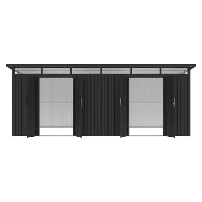 StarLine Metall Gerätehaus Skylight 2-Raum 15,18 m² - Außenbreite inkl. Dachüberstand: 566 cm, Außentiefe inkl. Dachüberstand: 318 cm, Metall, Anthrazit - Dunkelgrauer Metall-Gartenschrank mit drei Sektionen und geöffneten Türen, gerippten Paneelen und transparenten Dachplatten.