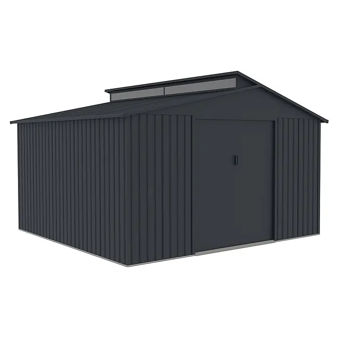 StarLine Metall Gerätehaus Viva 13,36 m² - Außenbreite inkl. Dachüberstand: 347 cm, Außentiefe inkl. Dachüberstand: 385 cm, Metall, Anthrazit - Dunkelgraues Metallgartenhaus mit Wellblechwänden, einem Satteldach und einem Oberlicht über einer Schiebetür.