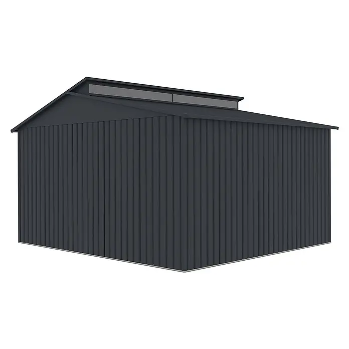 StarLine Metall Gerätehaus Viva 13,36 m² - Außenbreite inkl. Dachüberstand: 347 cm, Außentiefe inkl. Dachüberstand: 385 cm, Metall, Anthrazit - Dunkelgrauer Metallschuppen mit Wellblechwänden und Dachfenstern für natürliches Licht.