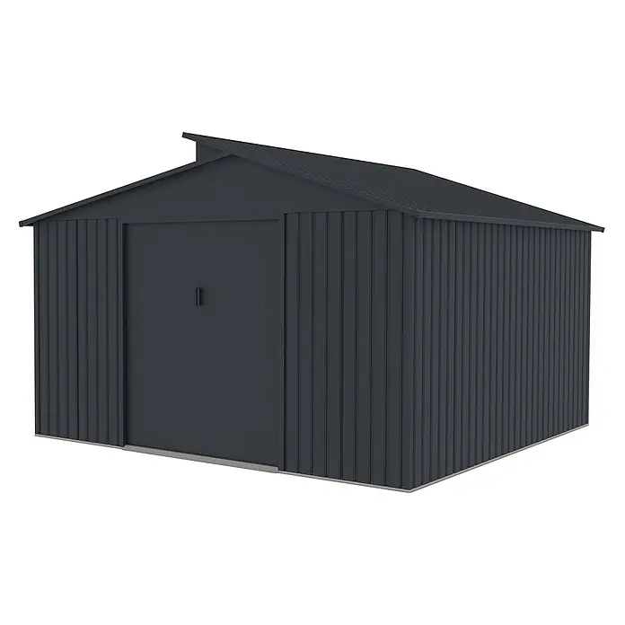 StarLine Metall Gerätehaus Viva 13,36 m² - Außenbreite inkl. Dachüberstand: 347 cm, Außentiefe inkl. Dachüberstand: 385 cm, Metall, Anthrazit - Dunkelgrauer Geräteschuppen aus Metall mit Pultdach und Schiebetür.