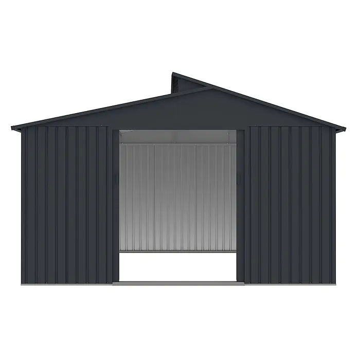 StarLine Metall Gerätehaus Viva 13,36 m² - Außenbreite inkl. Dachüberstand: 347 cm, Außentiefe inkl. Dachüberstand: 385 cm, Metall, Anthrazit - Dunkelgrauer Metall-Geräteschuppen mit teilweise geöffneter Schiebetür.