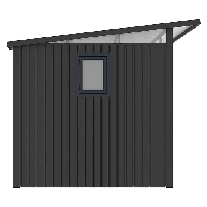 StarLine Metall Gerätehaus Skylight 5,80 m² Anthrazit - Außenbreite inkl. Dachüberstand: 289 cm, Außentiefe inkl. Dachüberstand: 253 cm, Metall, Anthrazit - Dunkelgraues Gartenhaus mit Pultdach und einem Fenster.