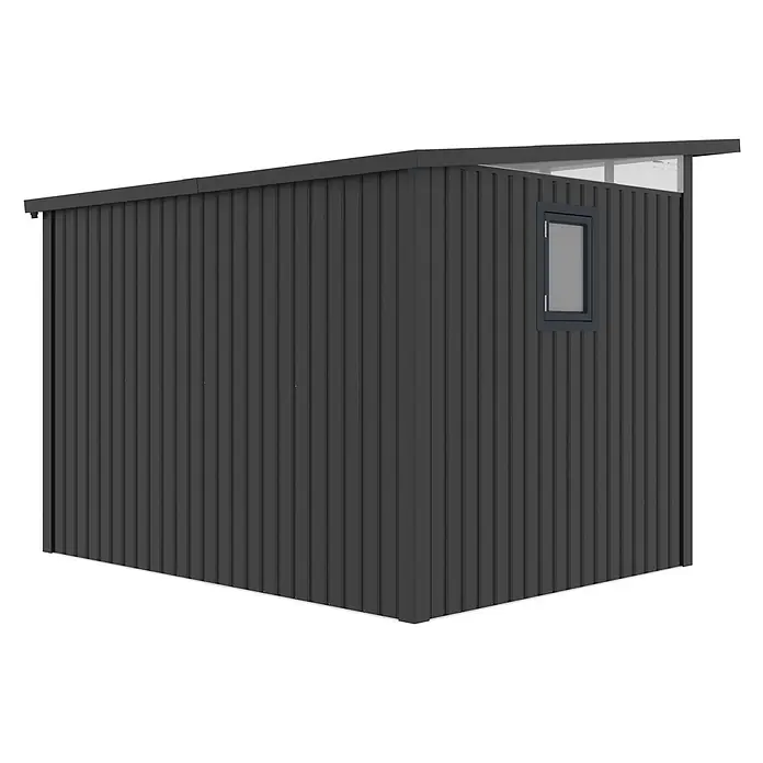 StarLine Metall Gerätehaus Skylight 5,80 m² Anthrazit - Außenbreite inkl. Dachüberstand: 289 cm, Außentiefe inkl. Dachüberstand: 253 cm, Metall, Anthrazit - Dunkelgrauer Schuppen mit vertikaler Verkleidung und kleinem Fenster.