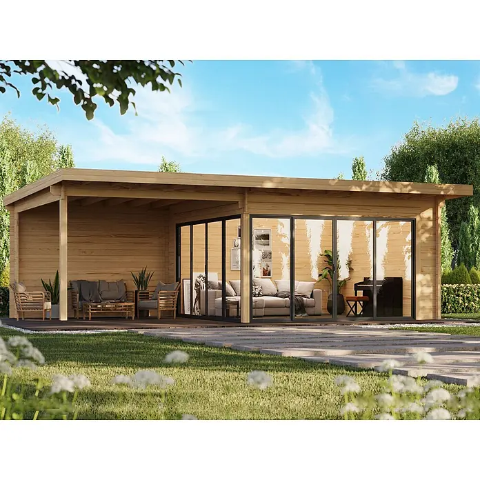 Fjordholz Gartenhaus Office IsoSlide 10 SD - Außenmaß inkl. Dachüberstand (B x T): 890 x 590 cm, Holz, Naturbelassen - Modernes Gartenhaus aus Holz mit großen Glasschiebetüren und integrierter überdachter Terrasse, möbliert für den Außenbereich.