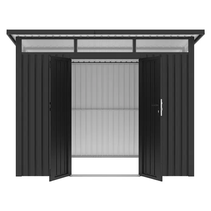 StarLine Metall Gerätehaus Skylight 5,80 m² Anthrazit - Außenbreite inkl. Dachüberstand: 289 cm, Außentiefe inkl. Dachüberstand: 253 cm, Metall, Anthrazit - Schwarzer Metall-Geräteschuppen mit geöffneten Doppeltüren, der seinen hellgrauen Wellblech-Innenraum zeigt.