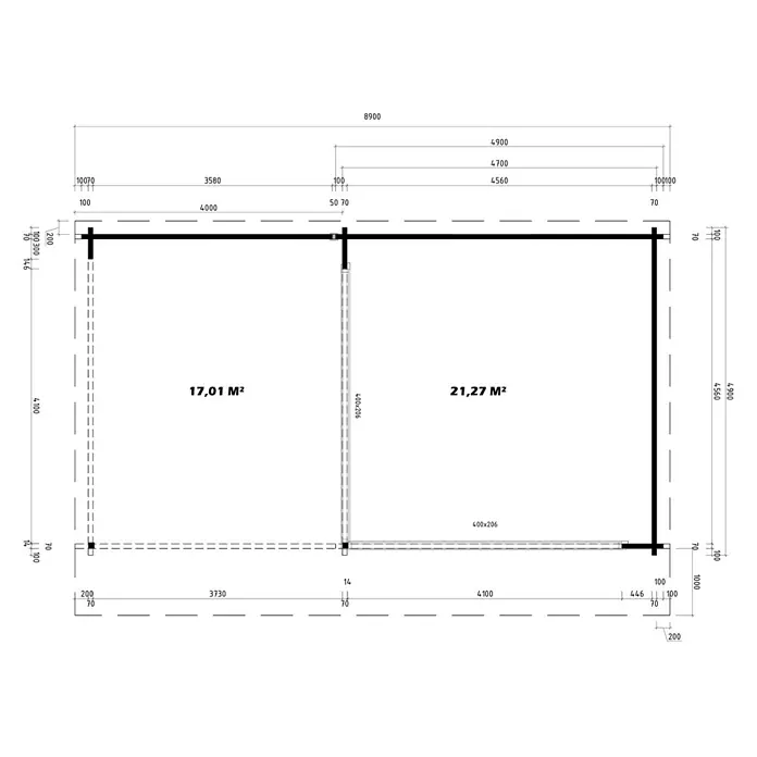 Fjordholz Gartenhaus Office IsoSlide 10 SD - Außenmaß inkl. Dachüberstand (B x T): 890 x 590 cm, Holz, Naturbelassen - Technischer Grundrissplan eines Gebäudes mit zwei Räumen (17,01 m² und 21,27 m²), inklusive Abmessungen.