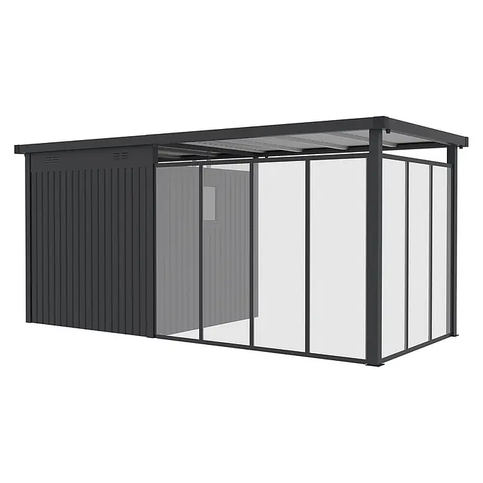 StarLine Metall Gerätehaus Style 4,45 m² Spar-Set 5 Anthrazit - Außenbreite inkl. Dachüberstand: 496 cm, Außentiefe inkl. Dachüberstand: 230 cm, Metall, Anthrazit - Dunkelgrauer modularer Unterstand mit gerippter Metallrückwand und lichtdurchlässigen Seitenwänden.
