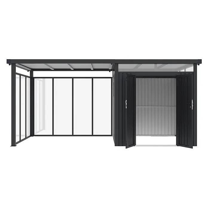 StarLine Metall Gerätehaus Style 4,45 m² Spar-Set 5 Anthrazit - Außenbreite inkl. Dachüberstand: 496 cm, Außentiefe inkl. Dachüberstand: 230 cm, Metall, Anthrazit - Dunkelgrauer Metall-Unterstand mit transparenten Seitenwänden und integriertem Geräteschuppen mit geöffneten Türen, der eine Wellblech-Innenseite zeigt.