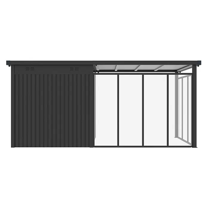 StarLine Metall Gerätehaus Style 4,45 m² Spar-Set 5 Anthrazit - Außenbreite inkl. Dachüberstand: 496 cm, Außentiefe inkl. Dachüberstand: 230 cm, Metall, Anthrazit - Dunkelgrauer Metallschuppen mit transluzenten Seitenwänden und Dach.