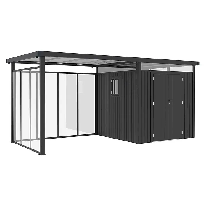 StarLine Metall Gerätehaus Style 4,45 m² Spar-Set 5 Anthrazit - Außenbreite inkl. Dachüberstand: 496 cm, Außentiefe inkl. Dachüberstand: 230 cm, Metall, Anthrazit - Dunkelgrauer Metall-Geräteschuppen mit integriertem offenem Unterstand, klaren Wänden und durchscheinendem Dach.
