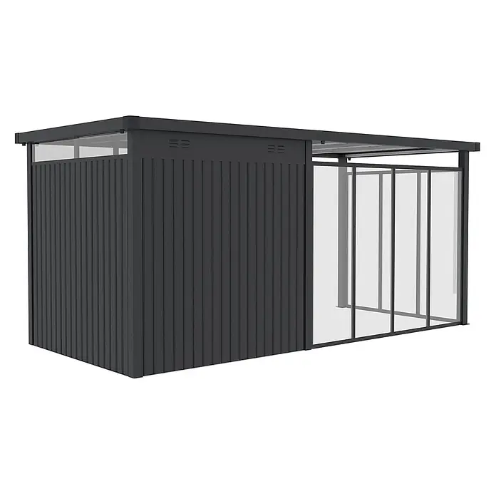 StarLine Metall Gerätehaus Style 4,45 m² Spar-Set 5 Anthrazit - Außenbreite inkl. Dachüberstand: 496 cm, Außentiefe inkl. Dachüberstand: 230 cm, Metall, Anthrazit - Dunkelgrauer Metallschuppen mit Wellblechwänden, transparenten Schiebetüren und Flachdach.