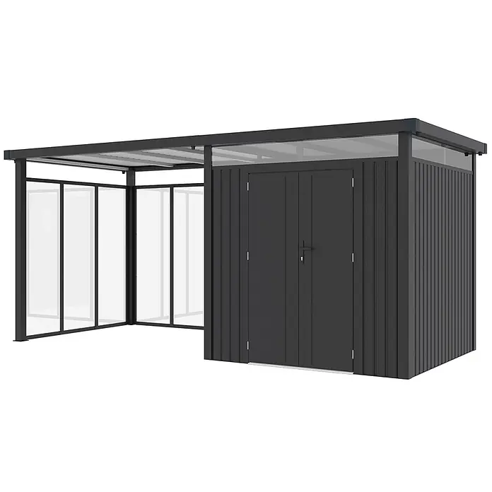 StarLine Metall Gerätehaus Style 4,45 m² Spar-Set 5 Anthrazit - Außenbreite inkl. Dachüberstand: 496 cm, Außentiefe inkl. Dachüberstand: 230 cm, Metall, Anthrazit - Dunkelgrauer Metall-Geräteschuppen mit angebautem transparentem Unterstand.