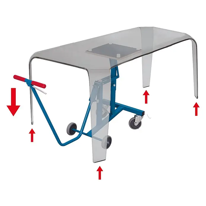 Variofit Sackkarre Tisch-Heberoller 100kg Traglast arretierbar - Traglast: 100 kg - Blauer Glashandling-Wagen mit transparenter Platte, rotem Griff und Rollen.