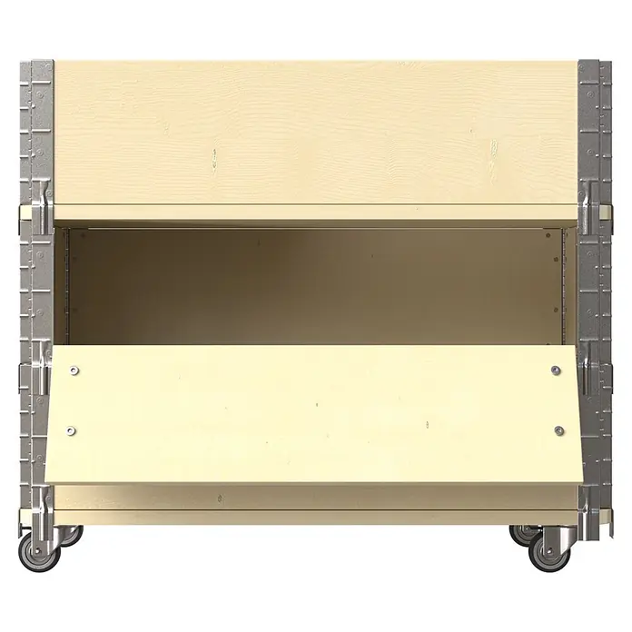 Upyard Kräuterkasten Advanced - 80 x 40 x 68 cm, Stahl, Natur - Heller Holz-Rollcontainer mit Metallbeschlägen und offener Frontplatte, dunklem Innenraum, auf Rollen.