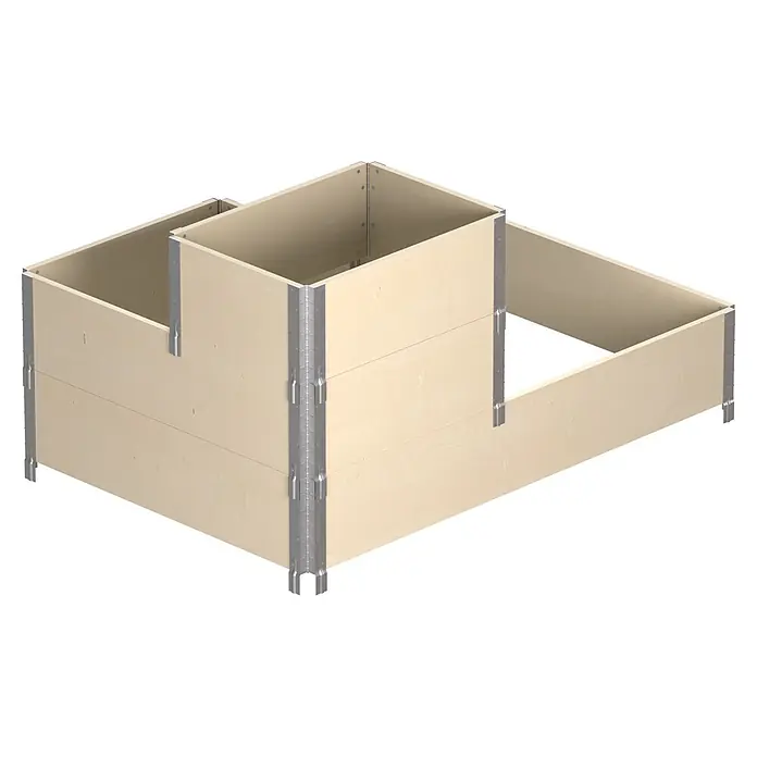 Upyard Hochbeet 3 Ebenen - 120 x 80 x 58,5 cm, Holz, Natur, Fassungsvermögen: 301,8 l - Montiertes helles Hochbeet aus Holz mit Metalleckbeschlägen, aus erhöhter Perspektive.