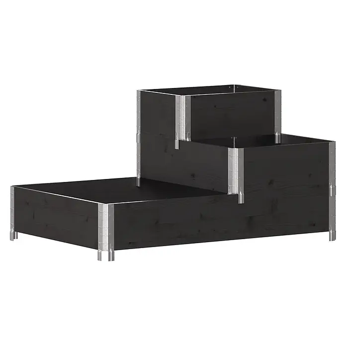 Upyard Hochbeet 3 Ebenen - 120 x 80 x 58,5 cm, Holz, Schwarz, Fassungsvermögen: 301,8 l - Gestuftes L-förmiges Hochbeet aus dunklem Holz mit Metalleckstützen.
