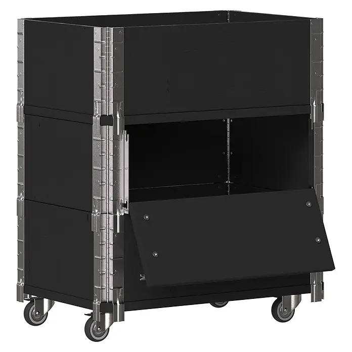 Upyard Kräuterkasten Advanced - 60 x 40 x 68 cm, Stahl, Schwarz - Schwarzer mobiler Mehrzweckschrank mit Metallbeschlägen und Rollen, einem offenen Fach und einer teilweise geöffneten Klapptür.